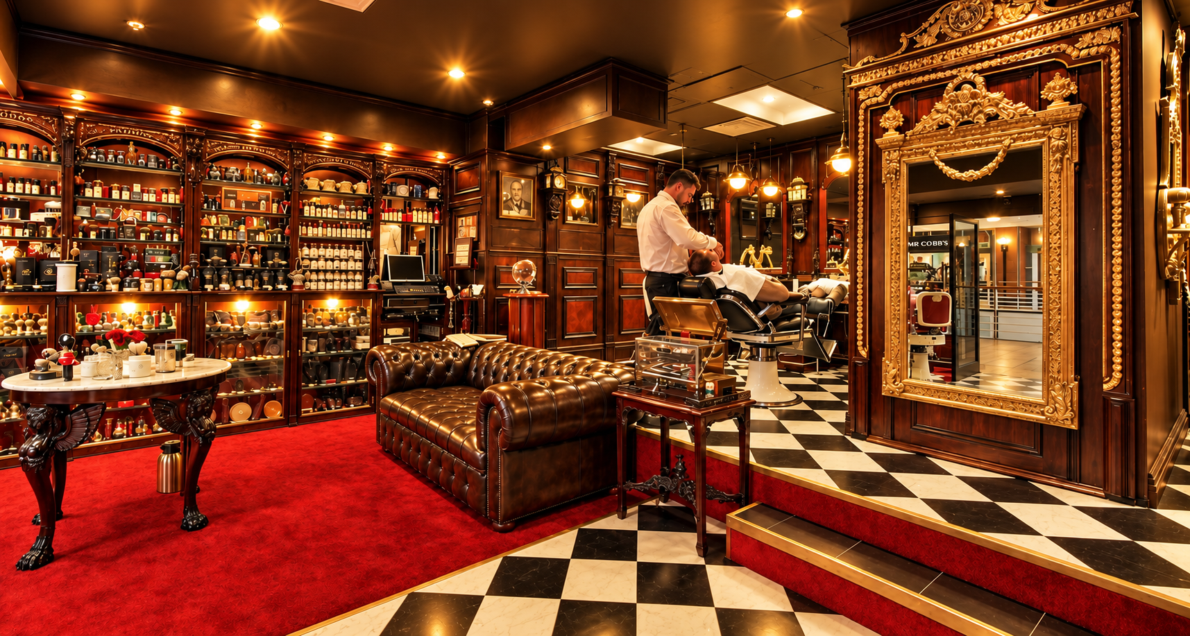 Inside Mr Cobbs The Barber — barber at work beside an ornate gold-framed mirror, leather Chesterfield sofa and checkerboard floor